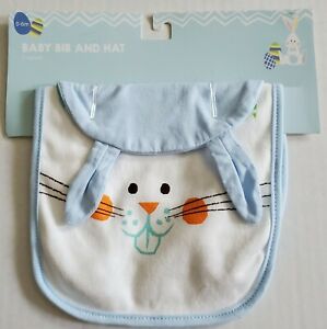 Boy Baby Bib & Bunny Ear Hat 2-Pack Set Solid Blue